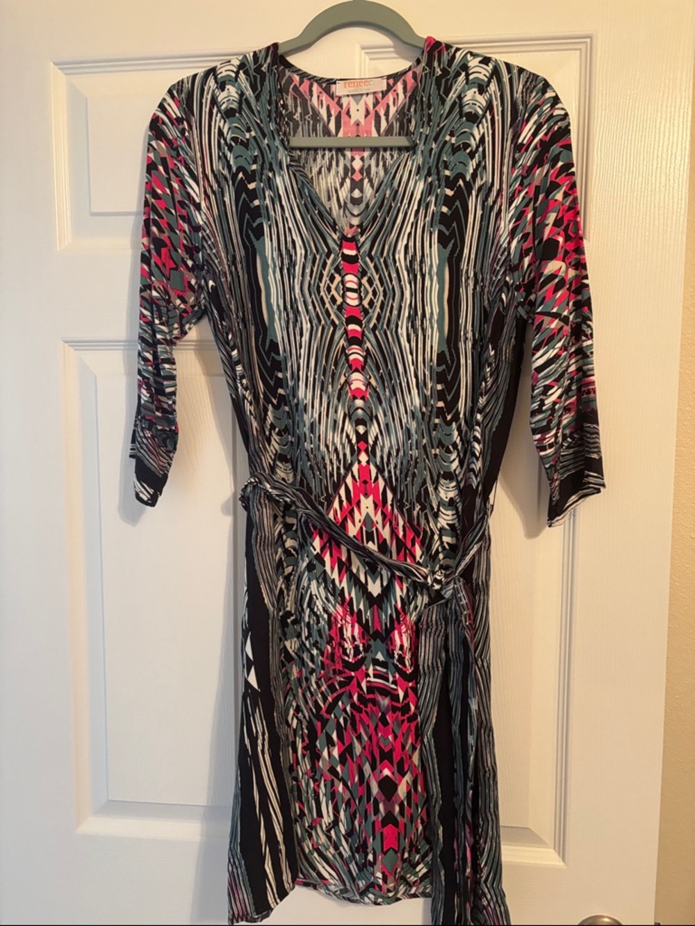 Renee C. Geometric Wrap Midi Dress in Black, Pink & Teal